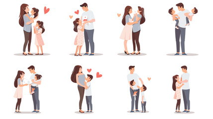 Obraz premium Diverse Family Pairs Embrace With Love Hearts On White Background