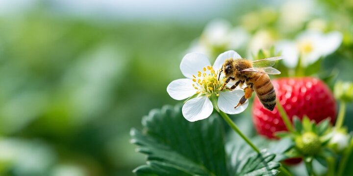 Bee pollinating white strawberry flower closeup