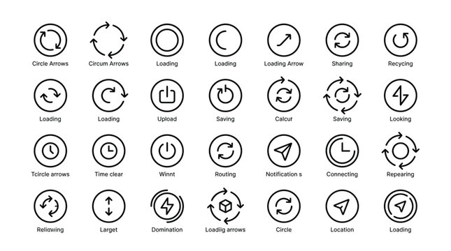 Set of outline vector icons depicting various circular arrow movements and loading indicators, perfect for user interface design and web development.