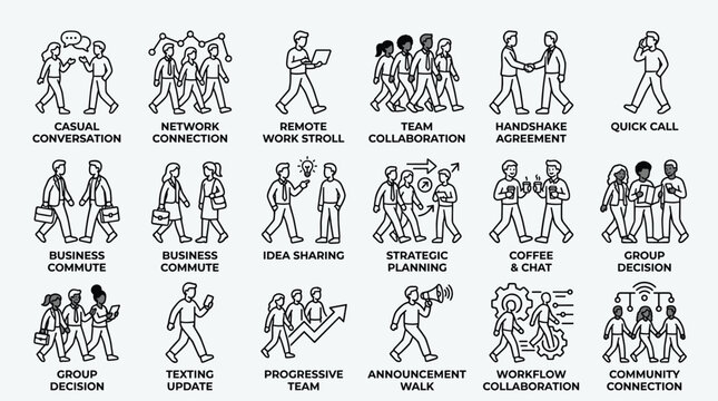 Set of professional people and business communication line icons depicting various collaborative office situations and social workplace interactions for web design.