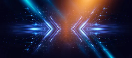 Futuristic Blue Circuit Arrows with Orange Light Energy, Digital Technology Background © MiaStendal