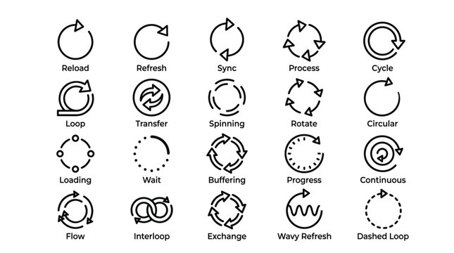 Set of reload and refresh line icons including reload refresh sync process cycle loop transfer spinning rotate circular loading wait buffering progress continuous flow.
