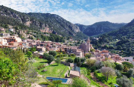 Valldemossa village on Mallorca island panorama with church summer holiday at Serra de Tramuntana in Spain