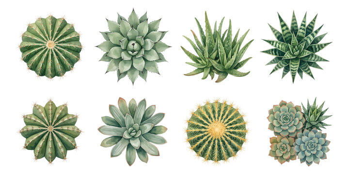 Watercolor set of cacti, agaves, and succulents designed, top view landscape architecture plan elements