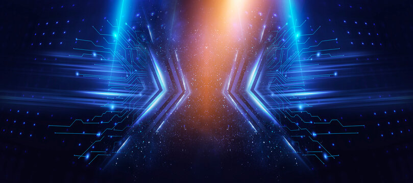 Futuristic Blue Circuit Arrows with Orange Light Energy, Digital Technology Background