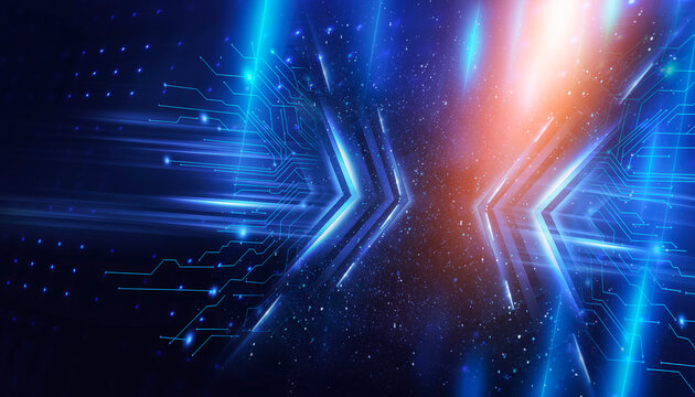 Futuristic Blue Circuit Arrows with Orange Light Energy, Digital Technology Background