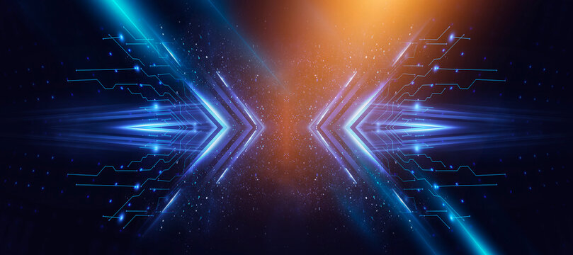 Futuristic Blue Circuit Arrows with Orange Light Energy, Digital Technology Background