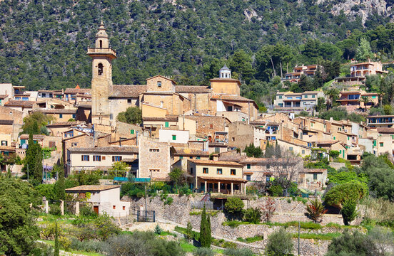 Valldemossa village on Mallorca island panorama with church summer holiday at Serra de Tramuntana in Spain