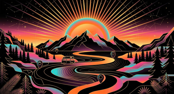 Vibrant mountain landscape, colorful sunset, winding road, abstract nature scene, vector illustration