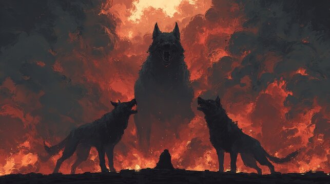 Cerberus the three-headed hellhound guarding the gates of the underworld, surrounded by flames and darkness