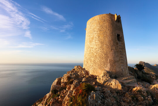 Sunset sea mountain panorama from peak in Mallorca - Albercutx Watchtower