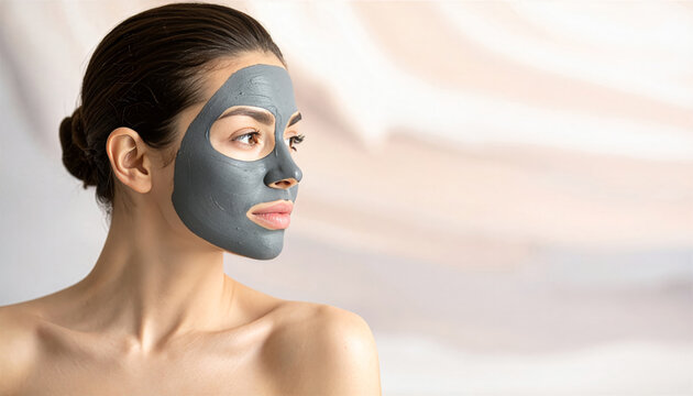 Profile view of a woman with a gray clay face mask on her skin
