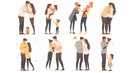 Obraz premium Pixel Art Couples Embracing and Holding Children With Hearts on White Background