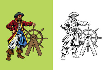 Fototapeta premium Detailed vintage illustration of a pirate captain standing proudly next to a wooden ship steering wheel, presented in full color and line art