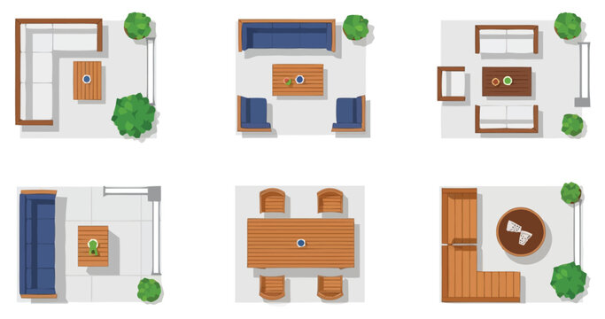 Top view arrangements of outdoor furniture sets including sectional sofas coffee tables dining sets and lounge chairs enhancing patio and deck living spaces with diverse layouts for residential