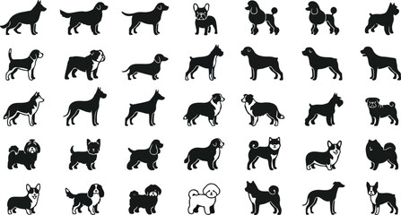 Dog breed silhouettes set featuring various popular canine types © Monochrome studio