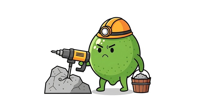 Cartoon green monster holding a laptop outdoors.