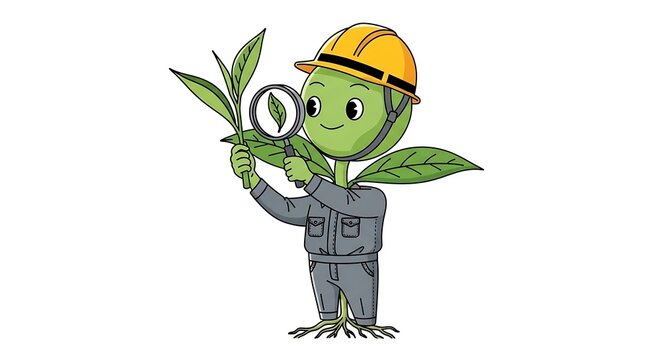 Cartoon green alien character with hat and bag.