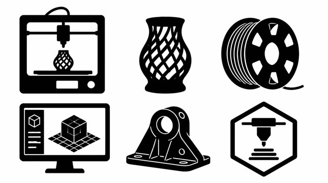 3D printing icons set with printer, filament and modeling software