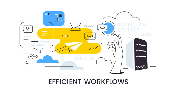 Cloud data audit and secure email hosting vector banner, flat line art hand with magnifying glass scanning server, binary code envelopes and flying paper airplane with speech bubble