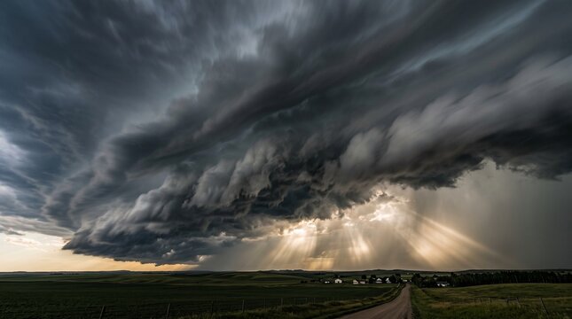 Massive rolling dark shelf cloud with powerful sun rays breaking over a rural village and country road