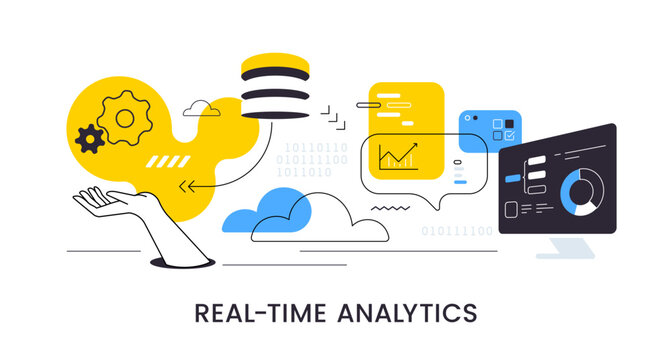 Big data analytics and cloud server monitoring vector banner, flat line art hand and database storage with charts on monitor, speech bubbles with gears and binary code
