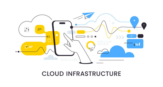 Cloud infrastructure mobile management vector banner, flat line art hand touching smartphone with fly paper airplane, data chart and binary code for app interaction and network server database control