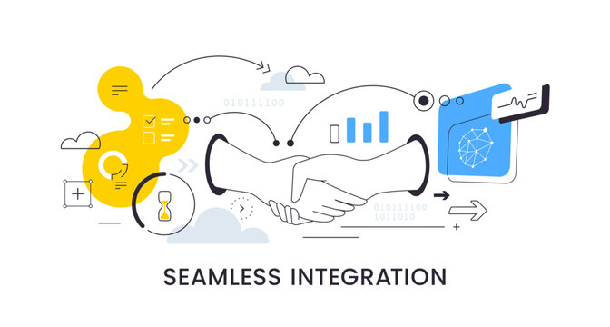 B2B partnership and successful business deal vector banner, flat line art hands shaking with analytical charts on monitors, hourglass, clouds and binary code