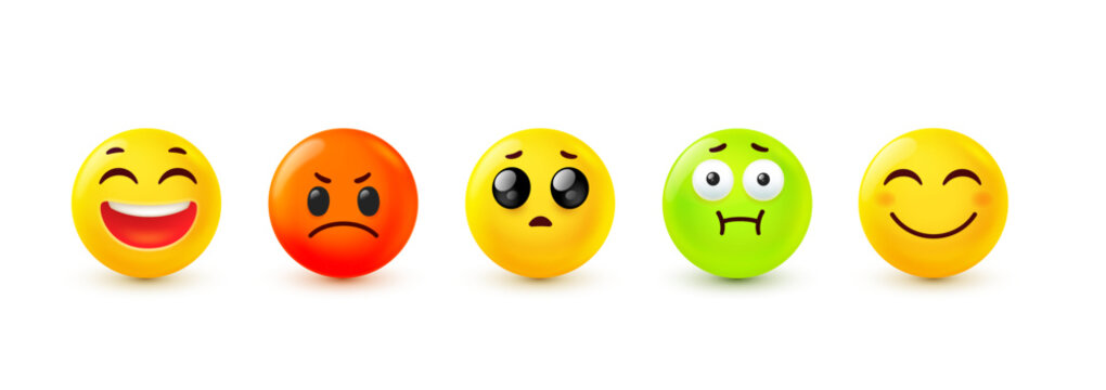 3d emoji icons set, realistic shine emoticon vector collection with various facial expressions. Red angry mad face, green sick vomiting look, yellow laughing, cute pleading eyes and happy smile