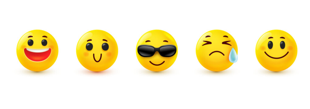 3d emoji icons set, realistic yellow emoticon vector collection with happy smile, sunglasses cool face, open mouth laughing and sad crying face with tear drop
