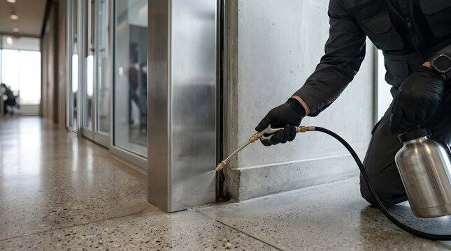 Professional pest control technician spraying chemical insecticide treatment along office interior door frame for prevention and sanitation with exterminator interior treatment