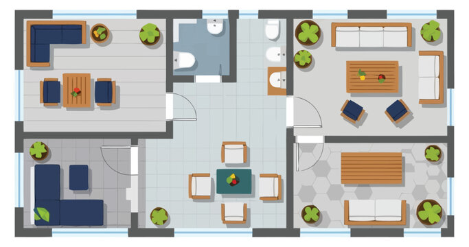 Detailed top view rendering of a contemporary apartment floor plan layout showcasing multiple rooms including living areas seating arrangements dining space and restrooms providing an