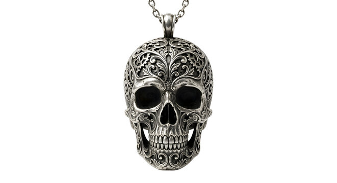 Ornate silver skull pendant on black background