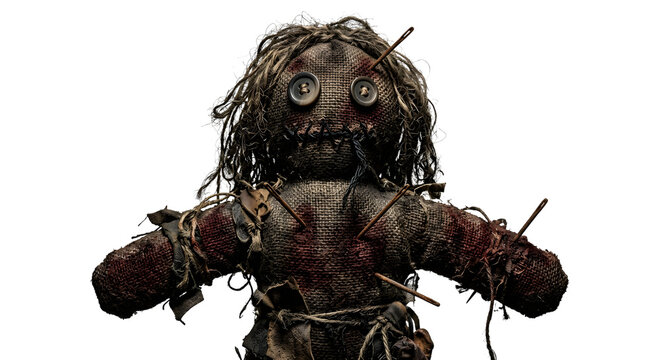 Creepy voodoo doll with pins in dark