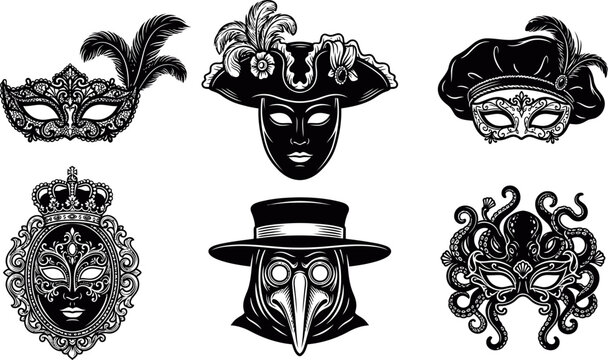 A curated collection of eight intricate black and white venetian carnival masks featuring detailed patterns feathers jester hats and mysterious plague doctor designs
