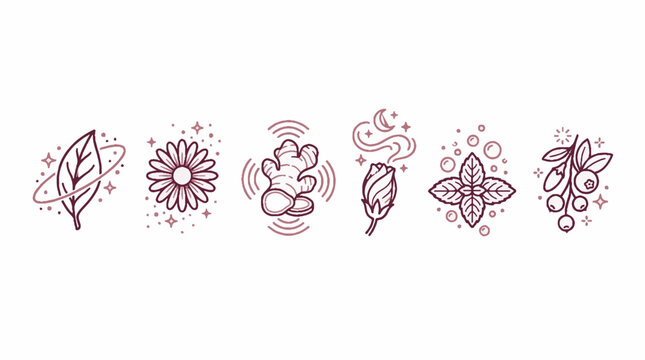 Set of botanical and herbal icons featuring a leaf daisy ginger root rosebud mint leaves and berries in a minimalist line art vector illustration style