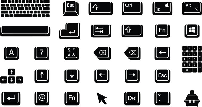 Computer keyboard button icons and functional symbols set
