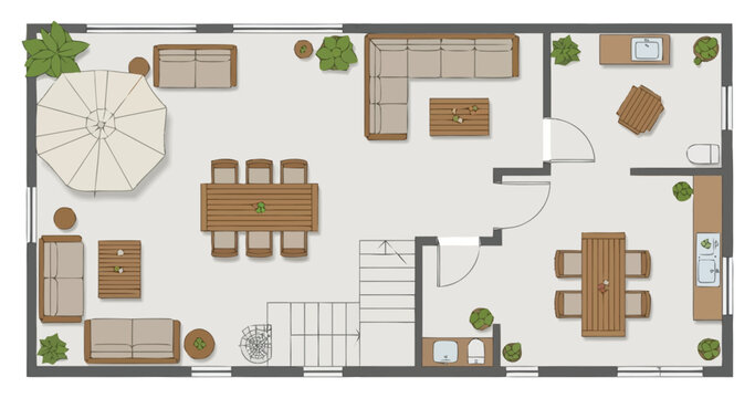 Top down view of a furnished floor plan showcasing an open concept living space with an outdoor entertainment area including spacious seating arrangements dining tables and well appointed