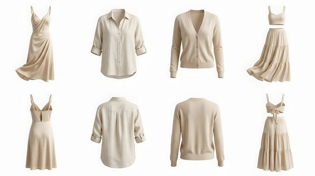 Collection of Minimalist Women's Beige Summer Clothing featuring Satin Slip Dress, Linen Shirt, Knit Cardigan, and Two-Piece Crop Top Skirt Set