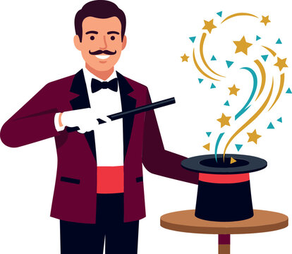 Magic Show Trick Performance Vector Illustration Featuring Character Magician with Wand Sparkling Confetti and Top Hat on Prop Stage Table