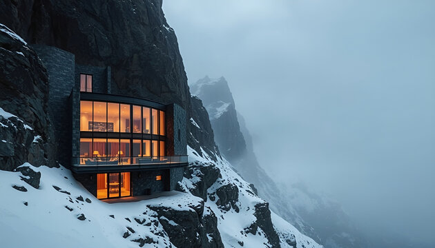 Modern glass villa built into steep snowy mountain cliff facade with moody winter view