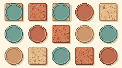 Fototapeta premium Pixel style grid of square and circular tiles with textured stone and solid colored surfaces