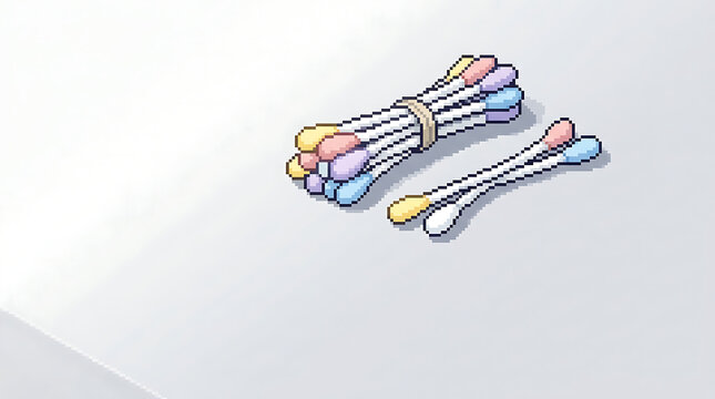 Pixel of a bundle of cotton swabs and two loose swabs on a plain white background