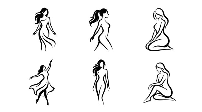 Graceful woman silhouettes in various poses with flowing lines
