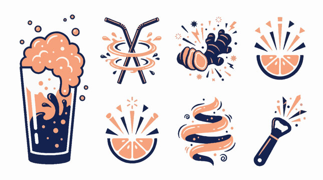 Vector illustration set of ginger beer icons featuring a glass with foam straws ginger root citrus slices peel and a bottle opener on white background
