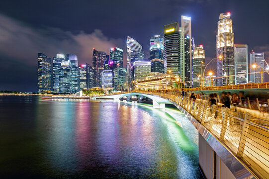 Singapore night city skyline at business district, Marina Bay