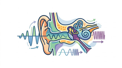 Diagram of the human ear showing sound waves entering and being processed. © pebri