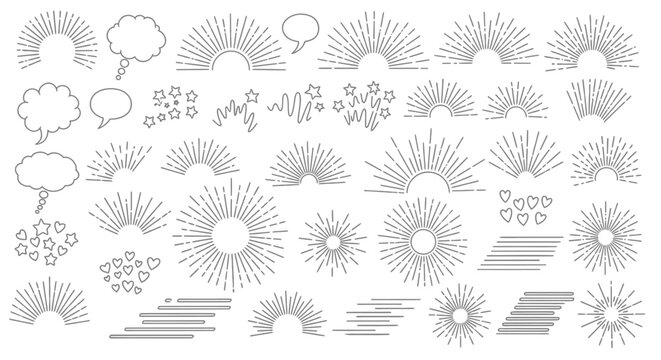 Vintage sunburst vector collection, hand drawn sun rays and starburst elements, retro comic speech bubbles and decorative line art set for graphic design