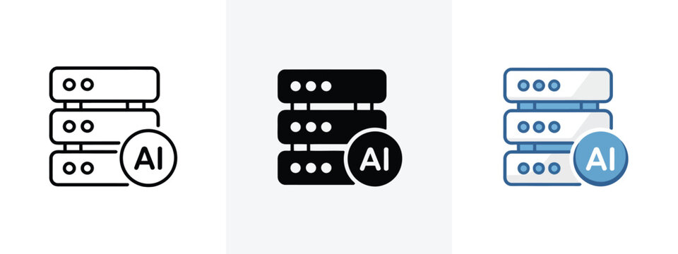 Ai technology server icon set in three styles