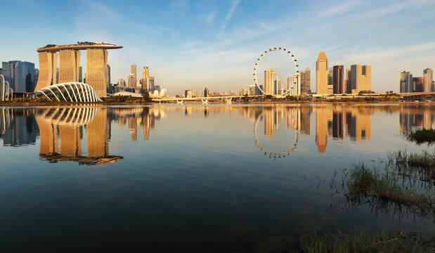 Singapore at sunrise, panorama skyline with Marina bay